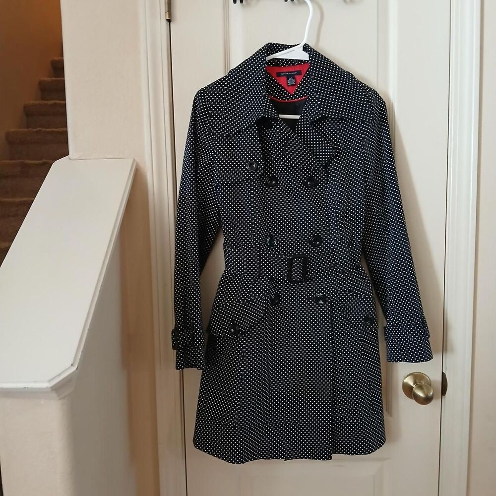 Vintage 00s Tommy Hilfiger Polka Dot Double Breasted Trench Coat S Retro Preppy
